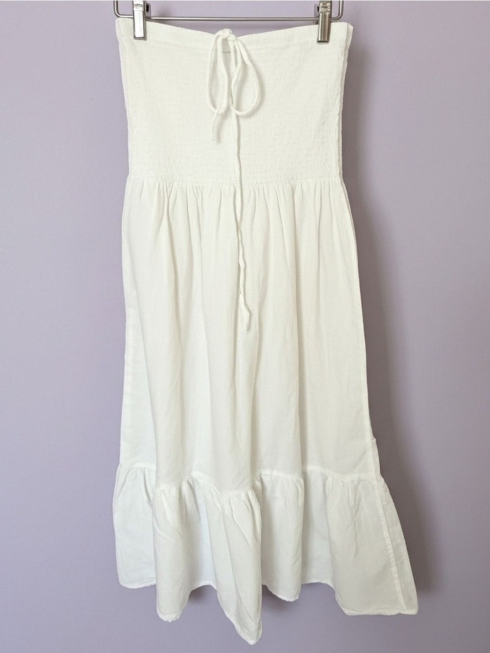 White Smocked Strapless Midi Dress Tiered Ruffle Hem Boho Summer Sundress Small - Picture 6 of 10